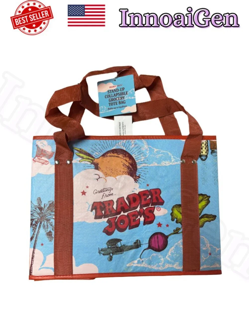 Trader Joe's Celestial Greetings Stand-Up Collapsible Grocery Tote Bag NWT Blue
